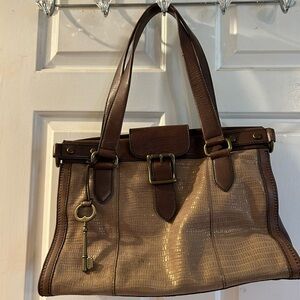 Fossil Brown Faux-Croc Satchel with Key Charm